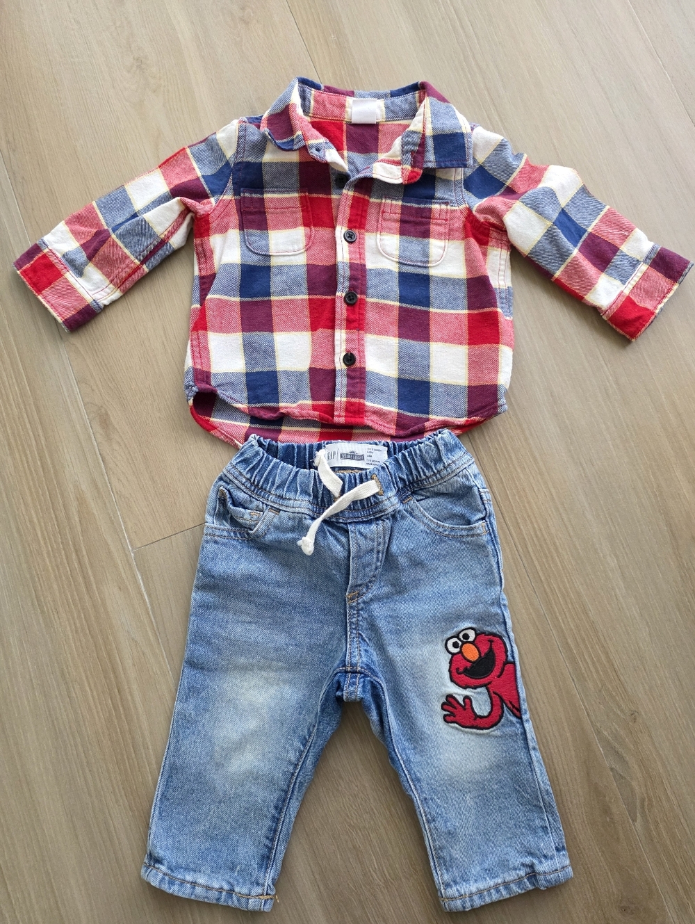 Baby Gap Sesame Street Outfit 6-12M | Elmo Jeans + Plaid Shirt Set
